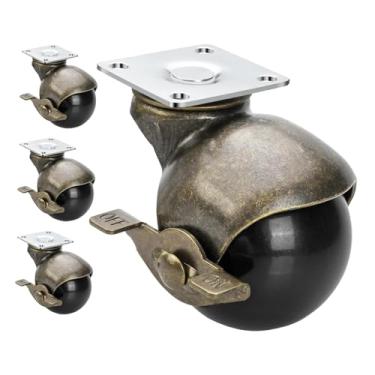 Imagem de RNXRZANK Conjunto de 4 Rodízios Esféricos para Móveis com Placa de Cobertura, Fácil Instalação, Rodas Giratórias, Latão, Estilo Antigo para Carrinho, 1.5inch