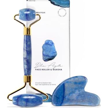 Imagem de ROSELYNBOUTIQUE Ferramentas faciais Gua Sha e rolo facial para cuidados com a pele natural sem rugas, rolo de jade, ferramenta Guasha para massageador facial facial (Aventurina azul)