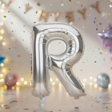 Imagem de Balões grandes de letras prateadas R de 81 cm, balões Mylar Rlphabet preenchidos com hélio para festas de aniversário e decorações de aniversário, suprimentos de decoração de festa de prata grande