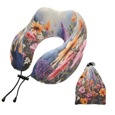 Imagem de CEBUGI Travesseiros de viagem portáteis em forma de U, travesseiro de pescoço de espuma viscoelástica com trava de corda ajustável para avião, viagem, trem, negócios, escritório, soneca (flores