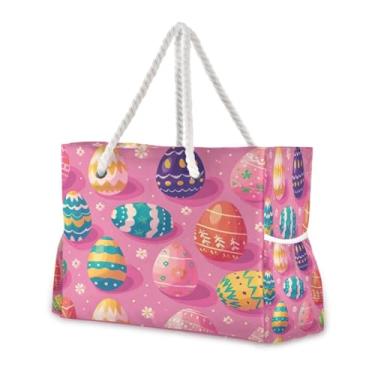 Imagem de Wassud Bolsa de praia adoráveis ovos grandes bolsas de praia para mulheres, à prova d'água, à prova de areia, bolsa de viagem com zíper e bolso para piscina, academia, acampamento