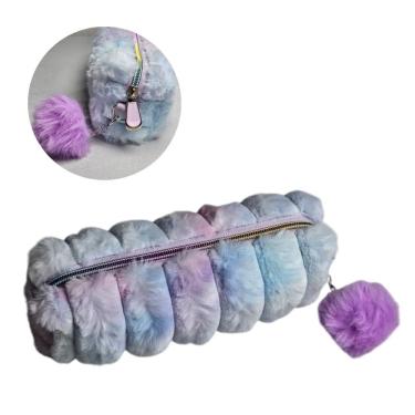 Imagem de Estojo Escolar Pelúcia Colorido Rainbow Spiral com Pompom Fofo Grande Zíper Material Lápis Caneta