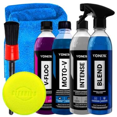 Imagem de Kit Lavagem Automotiva Vonixx Blend Shampoo V-floc Moto-V Revitalizador de Plásticos Intense Acessórios Karbox