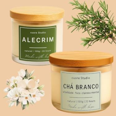 Imagem de Cuore Studio Vela Aromática Perfumada Natural, Kit com 2, Chá Branco, Vanilla, Baunilha, Alecrim, Lavanda, Capim Limão, Bamboo, Cereja e Avelã, Jasmim, 100g cada (Alecrim e Chá Branco)