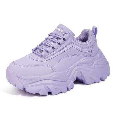 Imagem de K KIP WOK Tênis feminino grosso, moderno, plataforma, de couro branco, casual, para pai, confortável, plataforma, tênis esportivo, Roxa, 37