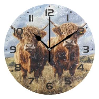 Imagem de JUZIHAI Relógio de parede Highland Cows, silencioso, redondo, sem tique-taque, operado por bateria, fácil de ler, relógio decorativo de parede para casa, cozinha, sala de estar, quarto, escritório, 25