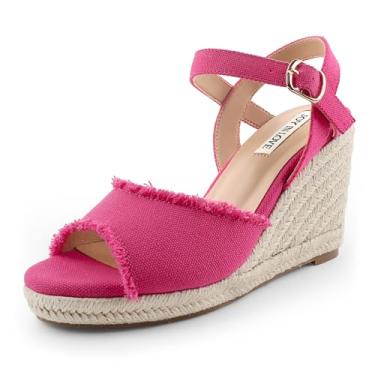 Imagem de JOY IN LOVE Sandálias plataforma cunha para mulheres, 10 cm, alpargata, salto cunha, tira no tornozelo, Rosa choque, 35