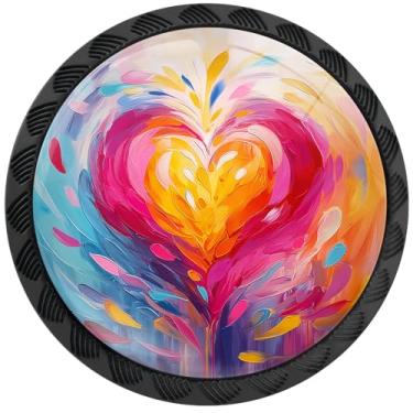 Imagem de Artinhand Pacote com 4 maçanetas de armário de coração de cor arco-íris gradiente puxadores redondos puxadores de cômoda preto puxadores de porta de armário ferragens para armários de banheiro de