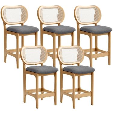 Imagem de Kit 5 Banquetas Baixa Bar Cozinha Sala de Jantar Betta L02 Mel Tela Linho Cinza Escuro - Lyam Decor