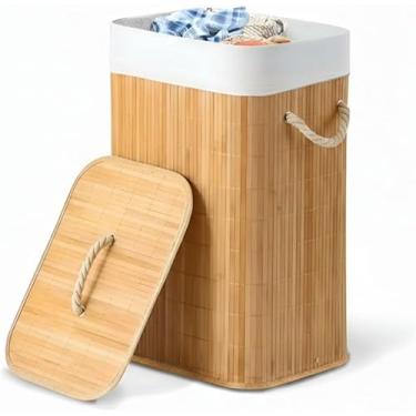 Imagem de Cesto Bambu Natural Roupa Suja 72L com Tampa Forro Removível Dobrável Alças de Corda Organizador Banheiro Lavanderia