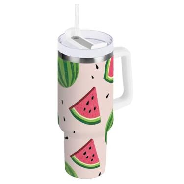 Imagem de ODAWA Copos com isolamento duplo grande com canudo e alça, melancias verdes rosa copo isolado outono