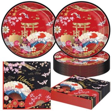 Imagem de 40 peças de pratos e guardanapos de festa de aniversário Hibachi para 20 convidados, suprimentos de mesa Hibachi, guindaste oriental, ventiladores dobráveis japoneses para crianças, chá de bebê