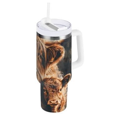 Imagem de ODAWA Copo isolado marrom Highland Cattle com alça e canudo, copos com isolamento duplo