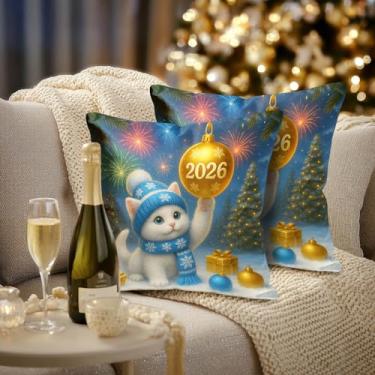Imagem de HOMETITUTE Conjunto de 2 capas de travesseiro feliz ano novo 2026 gato 45,7 x 45,7 cm, inverno, fogos de artifício, presentes, capas de almofada rústica, fazenda, férias sazonais, para sofá-cama