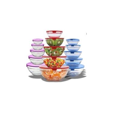 Imagem de Conjunto 5 Potes de Vidro com Tampa Plástica, Capacidades 120ml a 900ml, Empilháveis, Uso em Micro-ondas e Freezer