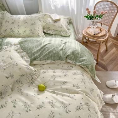 Imagem de MKXI Conjunto de edredom floral queen size bege e verde – Conjunto de cama de renda com babados com design reversível, macio e estético, estilo cottagecore, folha verde, edredom para meninas, mulheres