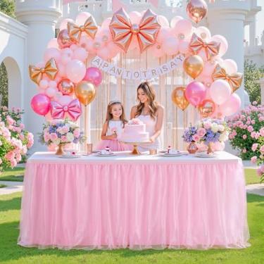 Imagem de Little Funny Saia de mesa de tule rosa bebê retangular de 1,8 m para professores, sala de aula, dormitório, cortina de tecido, saia de mesa tutu com babados, lantejoulas, glitter, chá de bebê