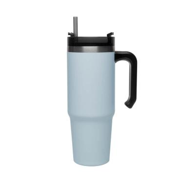 Imagem de Copo Térmico Aço Inox Azul Slimterm C/Parede Dupla, Alça, Tampa e Canudo Plástico Cinza 890ml Wolff