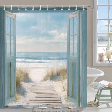 Imagem de Sokdcam Cortina de chuveiro costeira de praia, azul-petróleo, turquesa, oceano, litoral, litoral, náutico, rústico, porta de celeiro, cortinas de banheiro decorativas, cortina de chuveiro de tecido