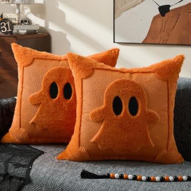 Imagem de DFXSZ Capas de almofada de Halloween 45,7 x 45,7 cm Conjunto de 2 fronhas de almofada de sofá de lã sintética de olhos pretos de olhos pretos laranja para poltrona, sofá, quarto, sala de estar