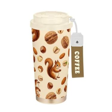 Imagem de TSENQUE Copo de café de 473 ml com revestimento cerâmico, copo de café de viagem de aço inoxidável com canudo e tampa de filme, copo isolado a vácuo, estampa animal de esquilos fofos