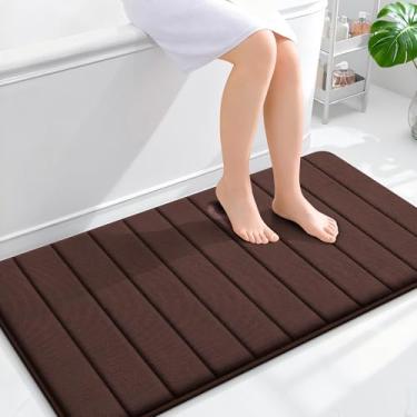 Imagem de OLANLY Tapete de banho listrado de espuma viscoelástica 111 x 61 cm, tapetes absorventes super macios, secagem rápida, tapetes de chuveiro laváveis na máquina, tapete de banho, acessórios de decoração