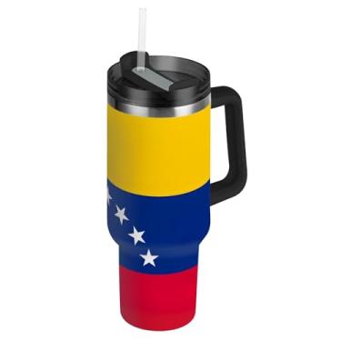 Imagem de Joisal Copos de bandeira da Venezuela com tampa e canudos Copo térmico de 850 g com alça garrafas de água isoladas de aço inoxidável carros caneca de café bebida quente