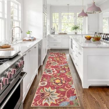 Imagem de Beeiva Tapetes de Cozinha Laváveis Florais, Tapetes de Corredor Longos Vintage Ultrafinos 2X8 com Revestimento de Borracha, Tapetes de Corredor de Cozinha Antiderrapantes Laváveis (2' X 8', Vermelho)