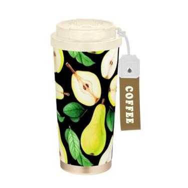 Imagem de TSENQUE Caneca de café de viagem de 473 ml com canudo e tampa, copo de café de viagem de aço inoxidável à prova de vazamento para escritório, escola, festa, acampamento, peras, aquarela, preto, verde