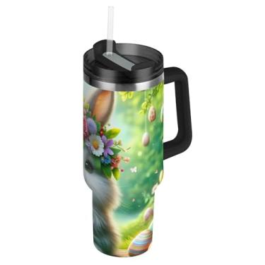 Imagem de Copos de aço inoxidável com tampas e canudos, coroa floral, coelhinho, Páscoa, caneca de café quente para carro, copo térmico de 1,134 g com alça, garrafas de água isoladas