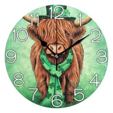 Imagem de Relógio de parede analógico decorativo operado por bateria para quarto e cozinha, decoração de parede moderna para sala de estar, marrom, vaca highland, verde, 25 cm, ponteiros pretos