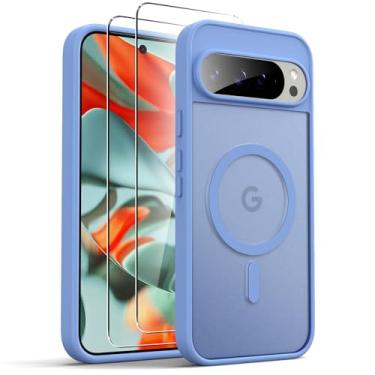 Imagem de Ikziwreo Capa magnética para Google Pixel 9 e 9 PRO XL, pacote com 2 protetores de tela, proteção total da câmera, capa protetora fosca translúcida à prova de choque, azul Sierra