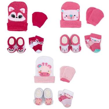 Imagem de Kit 3 Touquinhas Meias Luvas e Pantufas Bebê Recém-Nascido Menina Enxo