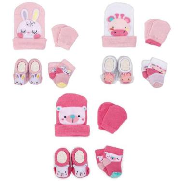 Imagem de Kit 3 Touquinhas Meias Luvas e Pantufas Bebê Recém-Nascido Menina Enxo