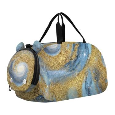 Imagem de Bolsa esportiva para meninos com desenho animado colorido de gatos rosa vibrante durante a noite para meninas para viagem, academia, bagagem infantil, Texturas de galáxia azul dourada, Clássico