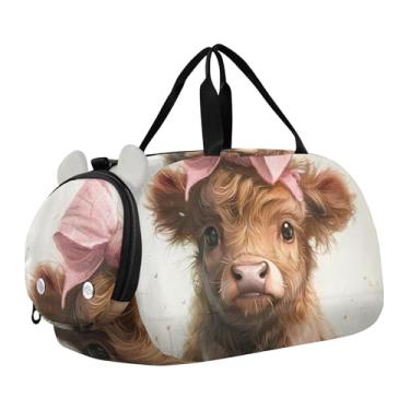 Imagem de Bolsa esportiva para meninos com borboletas roxas, bolsa esportiva de fim de semana, para uso noturno, para viagens, crianças, bolsa esportiva, Laço rosa de vaca Highland, Clássico