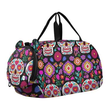 Imagem de Bolsa esportiva esportiva para meninos durante a noite para o fim de semana e meninas, bolsa esportiva com flores brancas, Flor de caveira colorida preta, Clássico