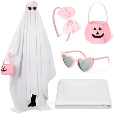 Imagem de Simlakey 4 peças de lençol pastel de Halloween para fantasia de fantasma, saco de abóbora, fantasia de fantasma boo para adultos, cosplay de Halloween, rosa, One Size