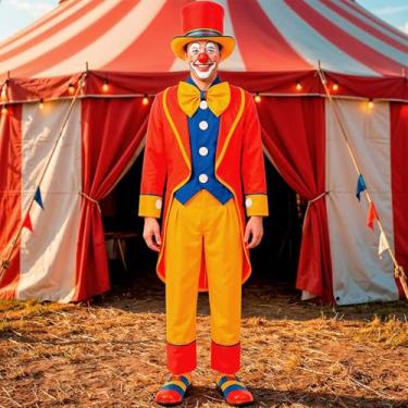 Imagem de Fantasia de Palhaço Profissional de Luxo Adulto Kit 4 Peças com Casaca Fraque Vermelho Colete Calça e Cartola Animador de Festa (Vermelho, GG 46-48)