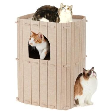 Imagem de FUKUMARU Casa de gato para gatos internos, grande caverna de cama para gatos de 2 andares, aconchegante coberta de feltro, esconderijo de condomínio para multicats, 45 x 36,5 x 60 cm, bege