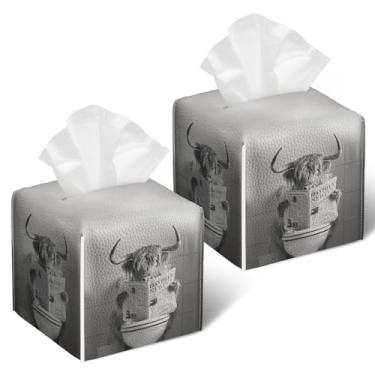 Imagem de Engraçado Highland CowTissue Box Cover 2 peças, suporte de caixa de lenços de papel facial quadrado caixa de lenços organizador de cubo para banheiro, quarto, mesa, escritório