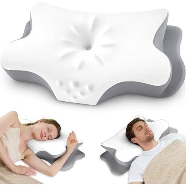 Imagem de SHIYONG Almofada cervical para alívio da dor – Almofada ergonômica de espuma de memória, design de contorno lateral para dormir, travesseiro ortopédico de suporte de pescoço para cama, com capa de