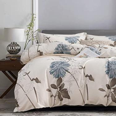 Imagem de SLEEPBELLA Edredom Queen Size, 600 fios algodão marrom galhos e flores azuis off-white conjunto de edredom 3 peças (Queen, Off-White Botanical)