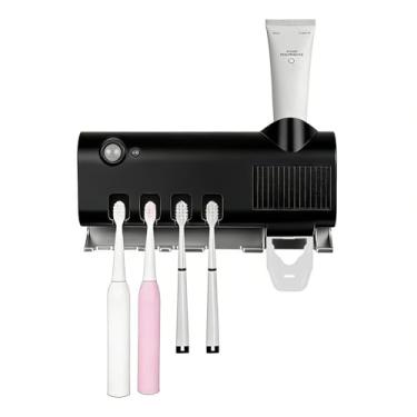 Imagem de Suportes de escova de dentes, suporte de escova de dentes elétrico montado na parede com dispensador de pasta de dente, 4 compartimentos, montagem sem broca, detecção inteligente, recarregável, para
