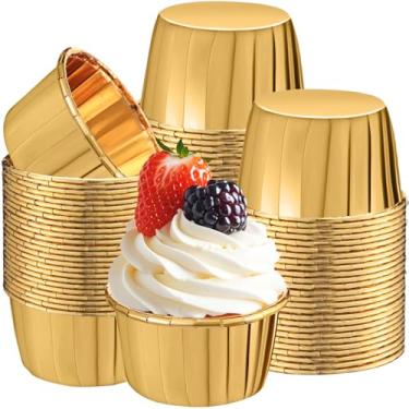 Imagem de Gandeer Pacote com 50 forros de cupcake dourados descartáveis a granel copos de muffin de 100 ml para assar, papel de alumínio, mini metálico, descartável, festa, casamento, festival, suprimento
