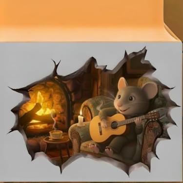 Imagem de Decalque de parede aconchegante com mouse, adesivo decorativo de cena de lareira 3D, decoração de casa de vinil (casa com guitarra)