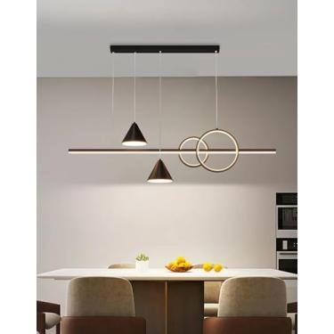 Imagem de Luminária pendente LED moderna para mesa de jantar, com intensidade regulável e controle remoto. Design linear, altura ajustável, estilo lustre, nas cores preto e branco, ideal para escritór
