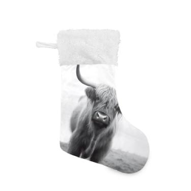Imagem de ATTX Meias de Natal engraçadas de vaca escocesa das terras altas, suportes de presente de punho de pelúcia branca para decorações de festas de fim de ano (17,7 polegadas, pacote com 2) #288