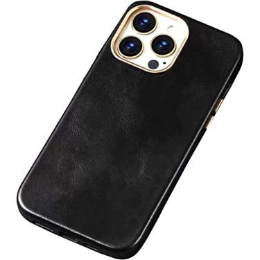 Imagem de GANYUU Capa traseira de telefone de couro de vaca de cera de óleo, para Apple iPhone 14 Plus 2022 capa retrô resistente a arranhões [carregamento sem fio] (cor: preto)