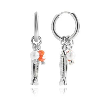 Imagem de NEPULOY Brincos femininos de peixe de praia – Brincos boêmios com contas vermelhas e pérolas, joias de praia boêmias | Joias de verão à prova d'água para férias, One Size, Latão, Sem pedra preciosa